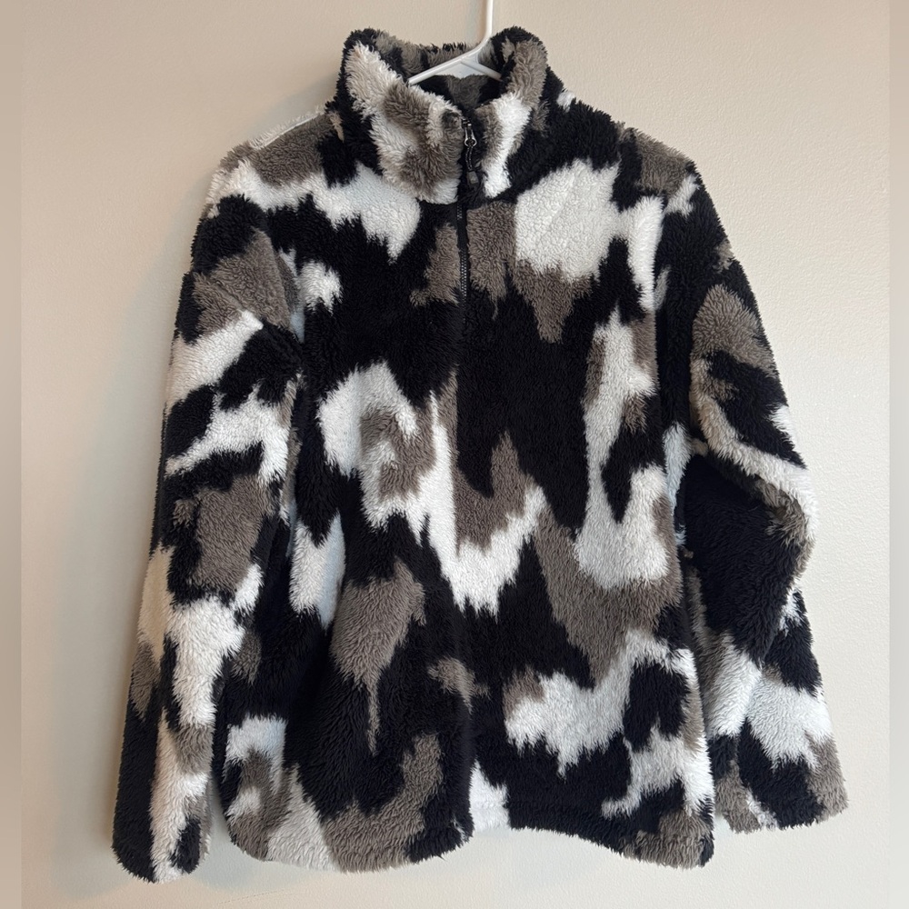 Eddie Bauer Sherpa Fleece Pullover Jacket Camo Print Mock Neck Quarter Zip Large